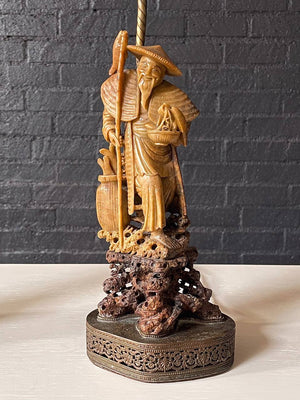 Pair of Mid-Century Carved Soapstone Chinese Fisherman Table Lamps w/ Decorative Brass Bases, c.1960’s