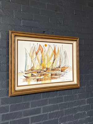 Mid-Century Modern Sailboat Fleet Oil Painting by Alfred B. - Signed Original