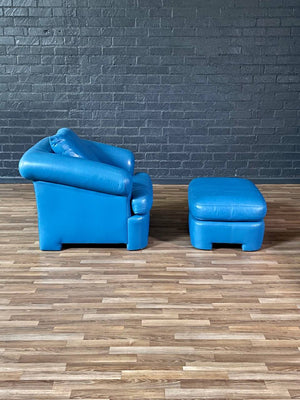 Vintage Post Modern Blue Leather Lounge Chair w/ Ottoman, c.1980’s