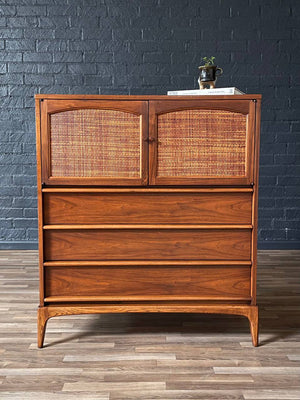 Mid-Century Modern “Rhythm” Walnut & Cane Highboy Dresser by Lane, c.1960’s