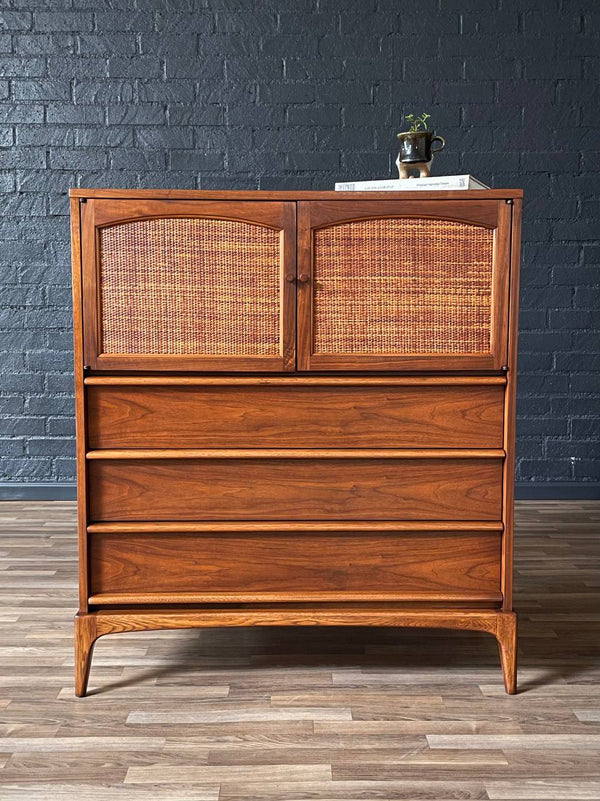 Mid-Century Modern “Rhythm” Walnut & Cane Highboy Dresser by Lane, c.1960’s