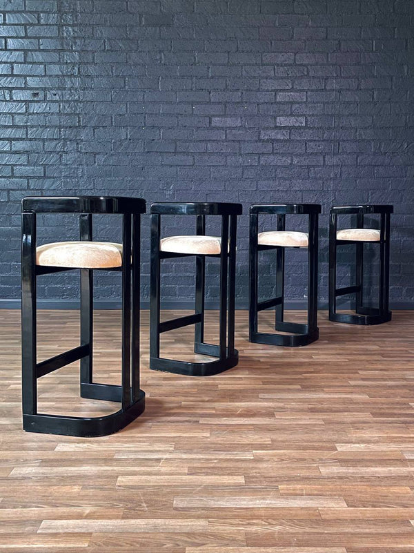 Set of 4 Vintage Post Modern Black Lacquered Bar Stools, c.1980s