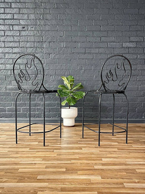 Pair of Post Modern Memphis-Style Wrought Iron Barstools w/ Flame Backrest, c.1980s