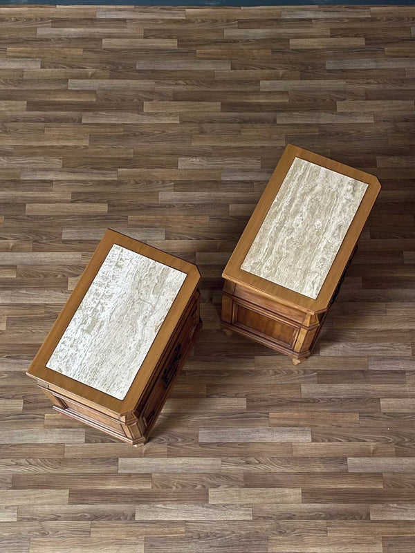 Pair of Vintage American Traditional Night Stands w/ Travertine Tops, c.1950’s