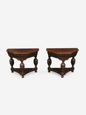 Pair of English Jacobean Revival Carved Oak Demilune Console Tables, c.1920’s