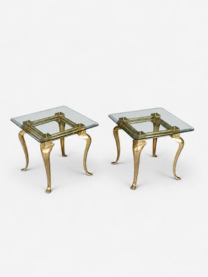 Pair of Hollywood Regency Sculptural Brass & Glass Side Tables, c.1970’s