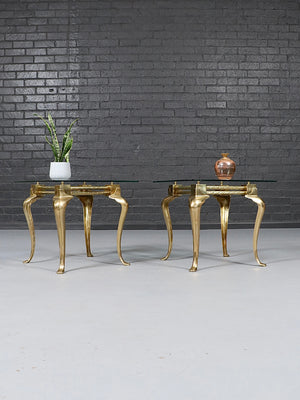 Pair of Hollywood Regency Sculptural Brass & Glass Side Tables, c.1970’s