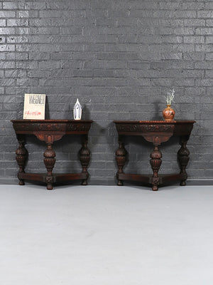 Pair of English Jacobean Revival Carved Oak Demilune Console Tables, c.1920’s