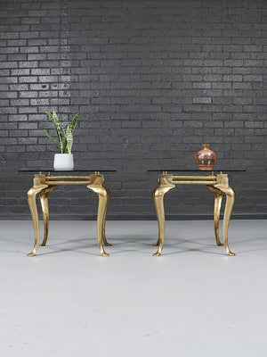 Pair of Hollywood Regency Sculptural Brass & Glass Side Tables, c.1970’s