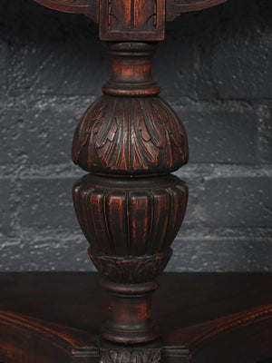Pair of English Jacobean Revival Carved Oak Demilune Console Tables, c.1920’s