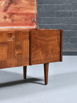 Mid Century Modern Walnut Cedar Trunk Box By Lane, c 1960's