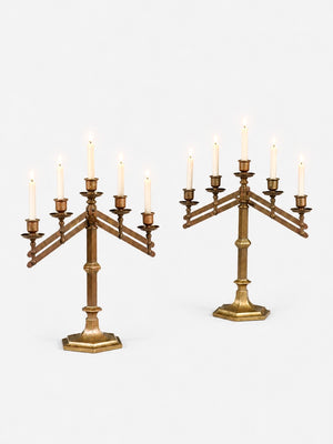 Pair of Antique Gothic Revival Brass Five-Light Candelabras by Rostand, c.1920's