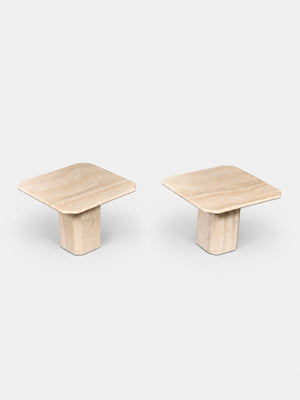 Pair of Vintage Italian Beveled Travertine Pedestal Side Tables, c.1970’s
