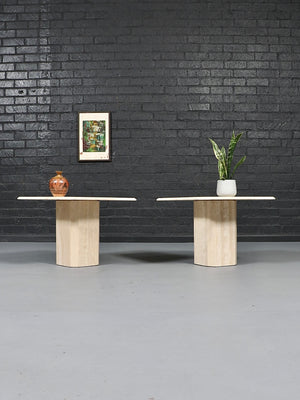Pair of Vintage Italian Beveled Travertine Pedestal Side Tables, c.1970’s
