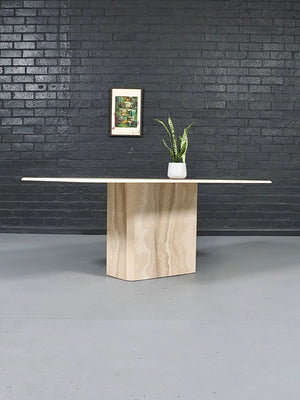 Vintage Italian Beveled Travertine Pedestal Dining Table, c.1970’s