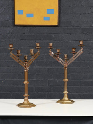 Pair of Antique Gothic Revival Brass Five-Light Candelabras by Rostand, c.1920's