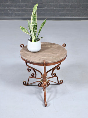 Vintage French Art Deco Wrought Iron & Marble Side Table, c.1940’s