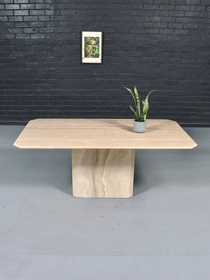 Vintage Italian Beveled Travertine Pedestal Dining Table, c.1970’s