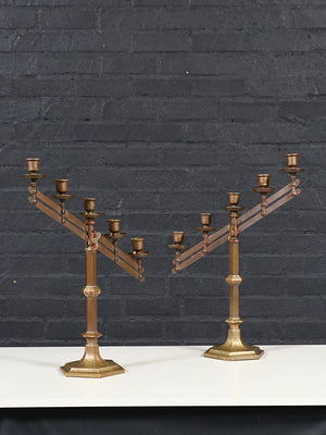 Pair of Antique Gothic Revival Brass Five-Light Candelabras by Rostand, c.1920's
