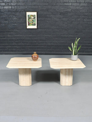 Pair of Vintage Italian Beveled Travertine Pedestal Side Tables, c.1970’s
