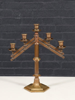 Pair of Antique Gothic Revival Brass Five-Light Candelabras by Rostand, c.1920's
