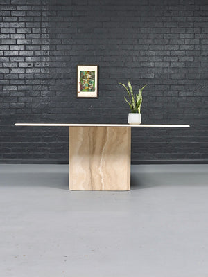 Vintage Italian Beveled Travertine Pedestal Dining Table, c.1970’s