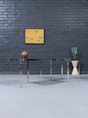 Milo Baughman Post Modern Chrome & Smoke Glass Side Tables for Design Institute of America, c.1970’s