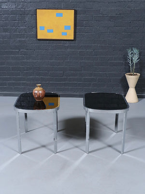 Milo Baughman Post Modern Chrome & Smoke Glass Side Tables for Design Institute of America, c.1970’s
