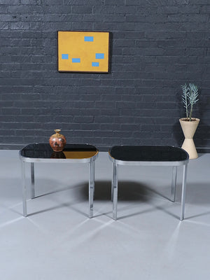 Milo Baughman Post Modern Chrome & Smoke Glass Side Tables for Design Institute of America, c.1970’s