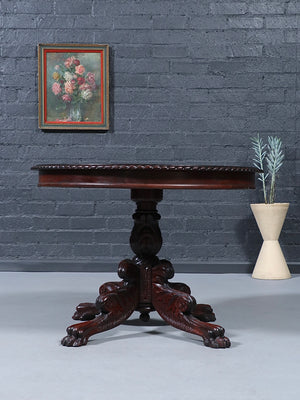 American Empire Mahogany Carved Dining Table w/ Paw Feet, c.1940’s