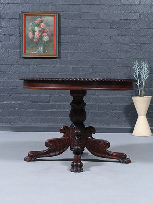 American Empire Mahogany Carved Dining Table w/ Paw Feet, c.1940’s