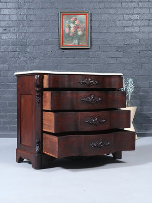 American Victorian Mahogany Serpentine Dresser w/ Carrara Marble Top, c.1900’s