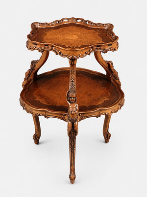 Italian Rococo Revival Marquetry Two-Tier Table w/ Carved Cherubs, c.1950’s