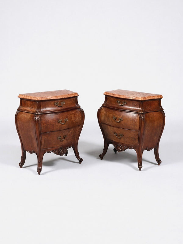 Pair of Italian Burl Walnut & Marble-Top Night Stands by Cav. Emilio Bertini, c.1930’s