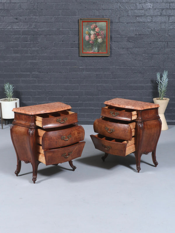 Pair of Italian Burl Walnut & Marble-Top Night Stands by Cav. Emilio Bertini, c.1930’s