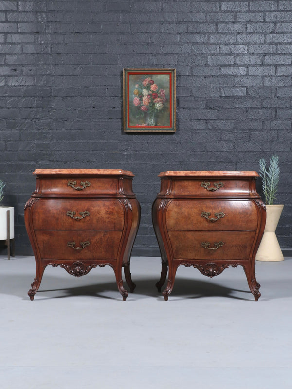 Pair of Italian Burl Walnut & Marble-Top Night Stands by Cav. Emilio Bertini, c.1930’s