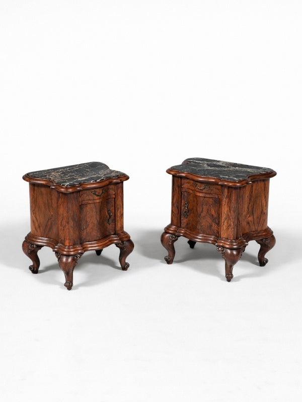 Pair of Italian Neoclassical Burl Walnut & Marble Top Night Stands, c.1900’s