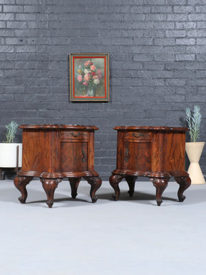 Pair of Italian Neoclassical Burl Walnut & Marble Top Night Stands, c.1900’s