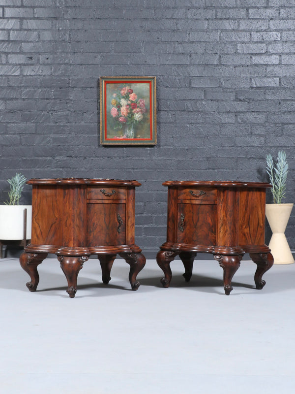 Pair of Italian Neoclassical Burl Walnut & Marble Top Night Stands, c.1900’s