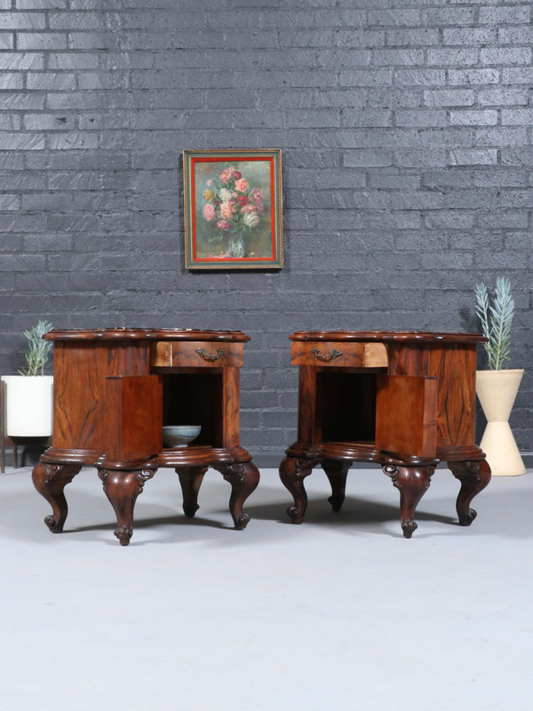 Pair of Italian Neoclassical Burl Walnut & Marble Top Night Stands, c.1900’s