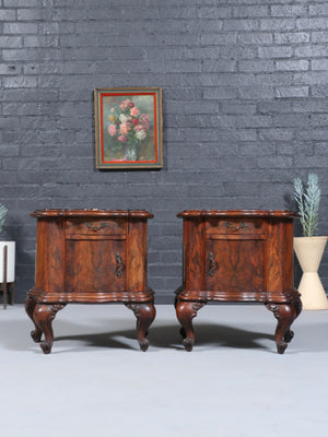 Pair of Italian Neoclassical Burl Walnut & Marble Top Night Stands, c.1900’s