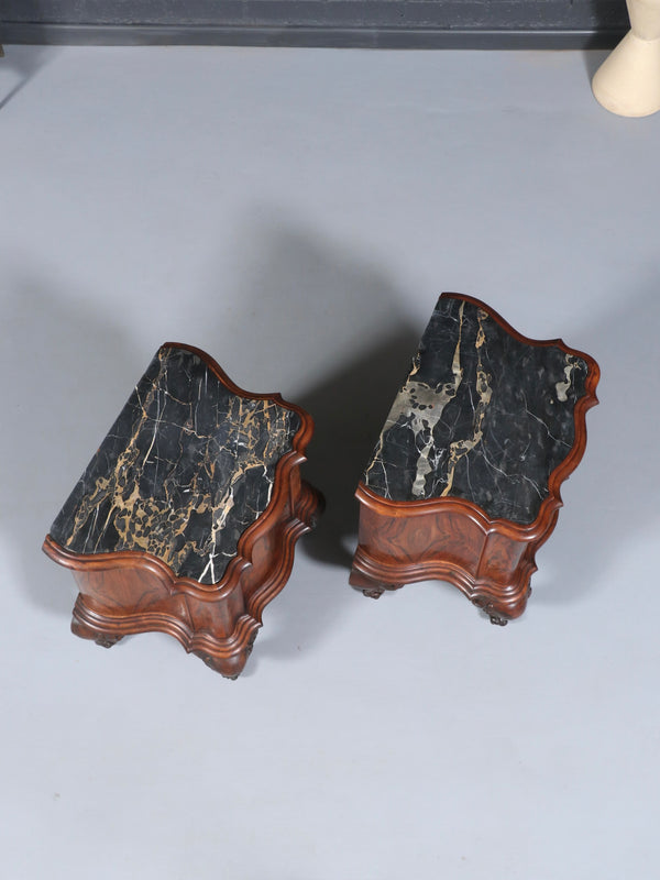 Pair of Italian Neoclassical Burl Walnut & Marble Top Night Stands, c.1900’s