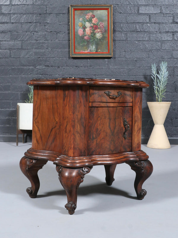 Pair of Italian Neoclassical Burl Walnut & Marble Top Night Stands, c.1900’s