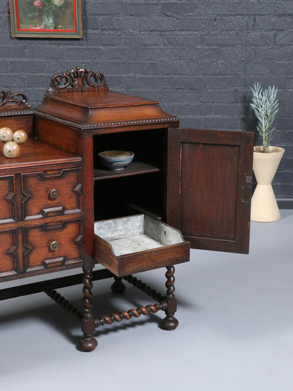English Jacobean Style Oak Sideboard w/ Barley-Twist Legs, c.1900’s