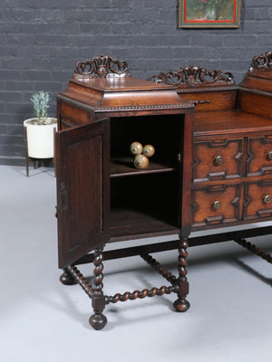 English Jacobean Style Oak Sideboard w/ Barley-Twist Legs, c.1900’s