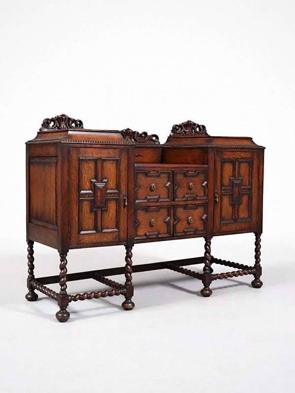 English Jacobean Style Oak Sideboard w/ Barley-Twist Legs, c.1900’s