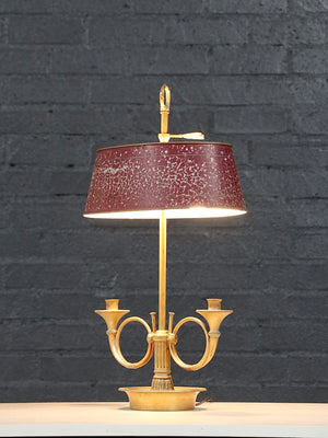 French Empire Style Bouillette Brass Table Lamps w/ Metal Tole Shades, c.1950’s