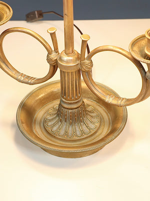 French Empire Style Bouillette Brass Table Lamps w/ Metal Tole Shades, c.1950’s
