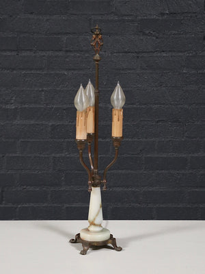 French Neoclassical Style Alabaster & Brass Three-Arm Candelabra Table Lamp, c.1940’s