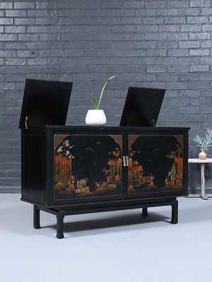 Mid-Century Chinoiserie Black Lacquer TV & Stereo Console with Olympic KC370 Television, c.1960’s